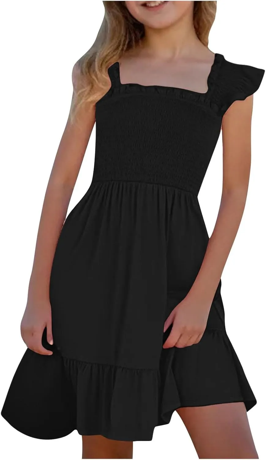 Little Girls Summer Smocked Dresses Cute Teen Ruffle Sleeveless Holiday Sundress 3-14 Years