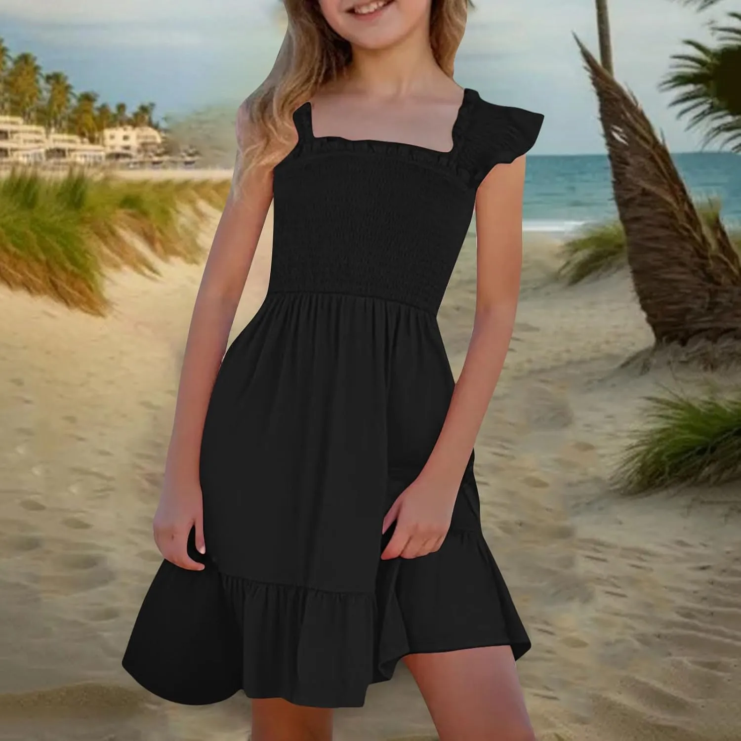 Little Girls Summer Smocked Dresses Cute Teen Ruffle Sleeveless Holiday Sundress 3-14 Years