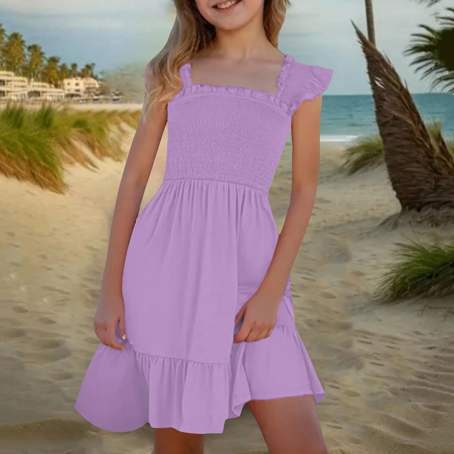 Little Girls Summer Smocked Dresses Cute Teen Ruffle Sleeveless Holiday Sundress 3-14 Years