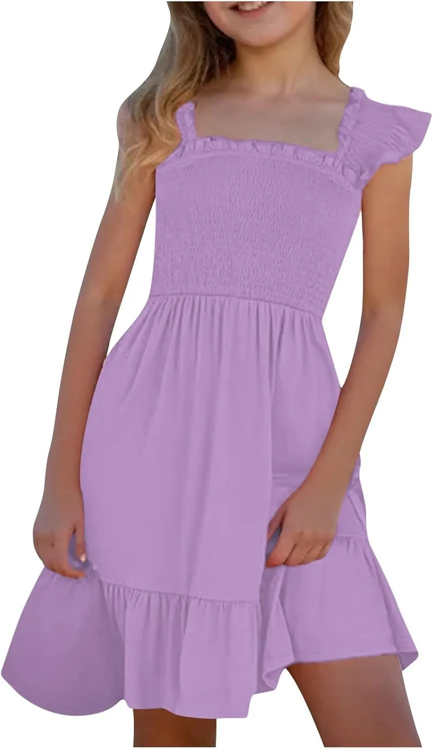 Little Girls Summer Smocked Dresses Cute Teen Ruffle Sleeveless Holiday Sundress 3-14 Years