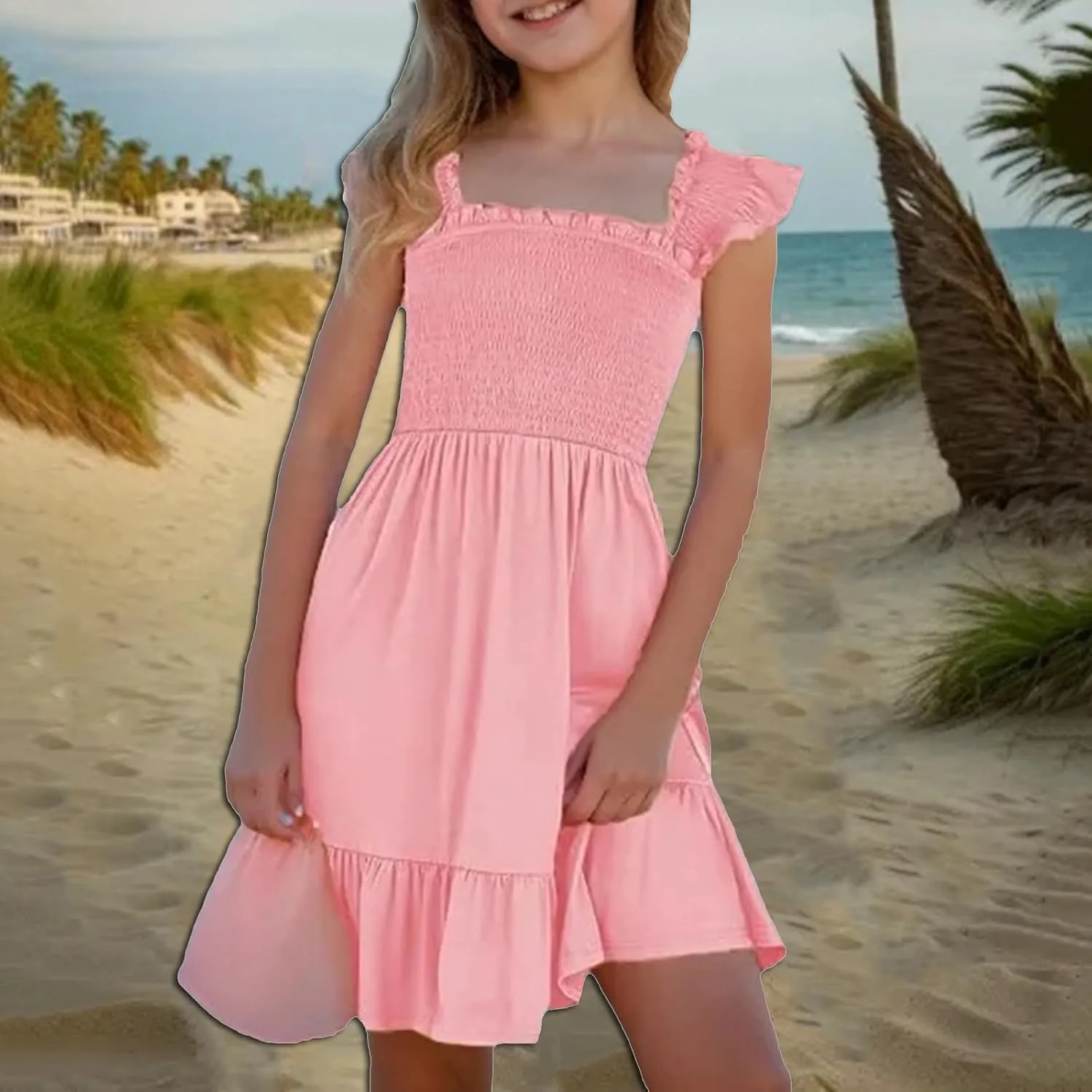 Little Girls Summer Smocked Dresses Cute Teen Ruffle Sleeveless Holiday Sundress 3-14 Years
