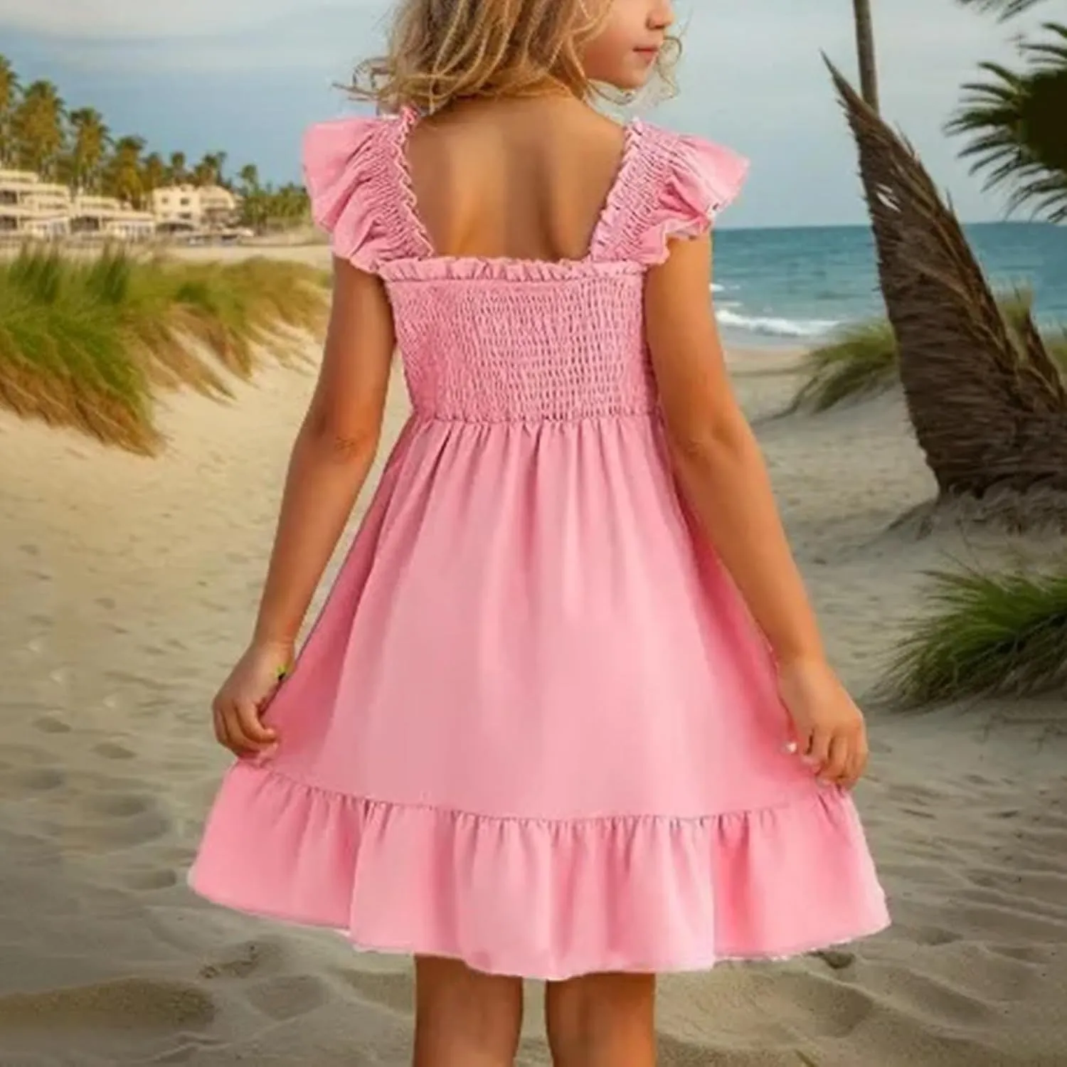 Little Girls Summer Smocked Dresses Cute Teen Ruffle Sleeveless Holiday Sundress 3-14 Years