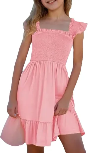 Little Girls Summer Smocked Dresses Cute Teen Ruffle Sleeveless Holiday Sundress 3-14 Years
