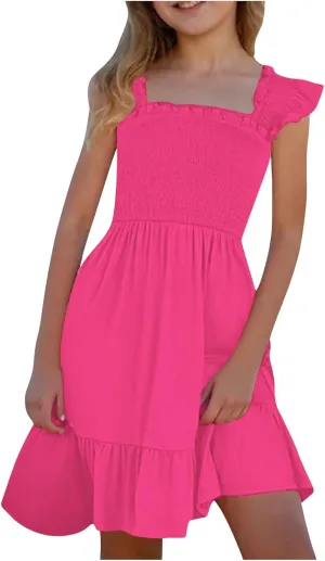 Little Girls Summer Smocked Dresses Cute Teen Ruffle Sleeveless Holiday Sundress 3-14 Years