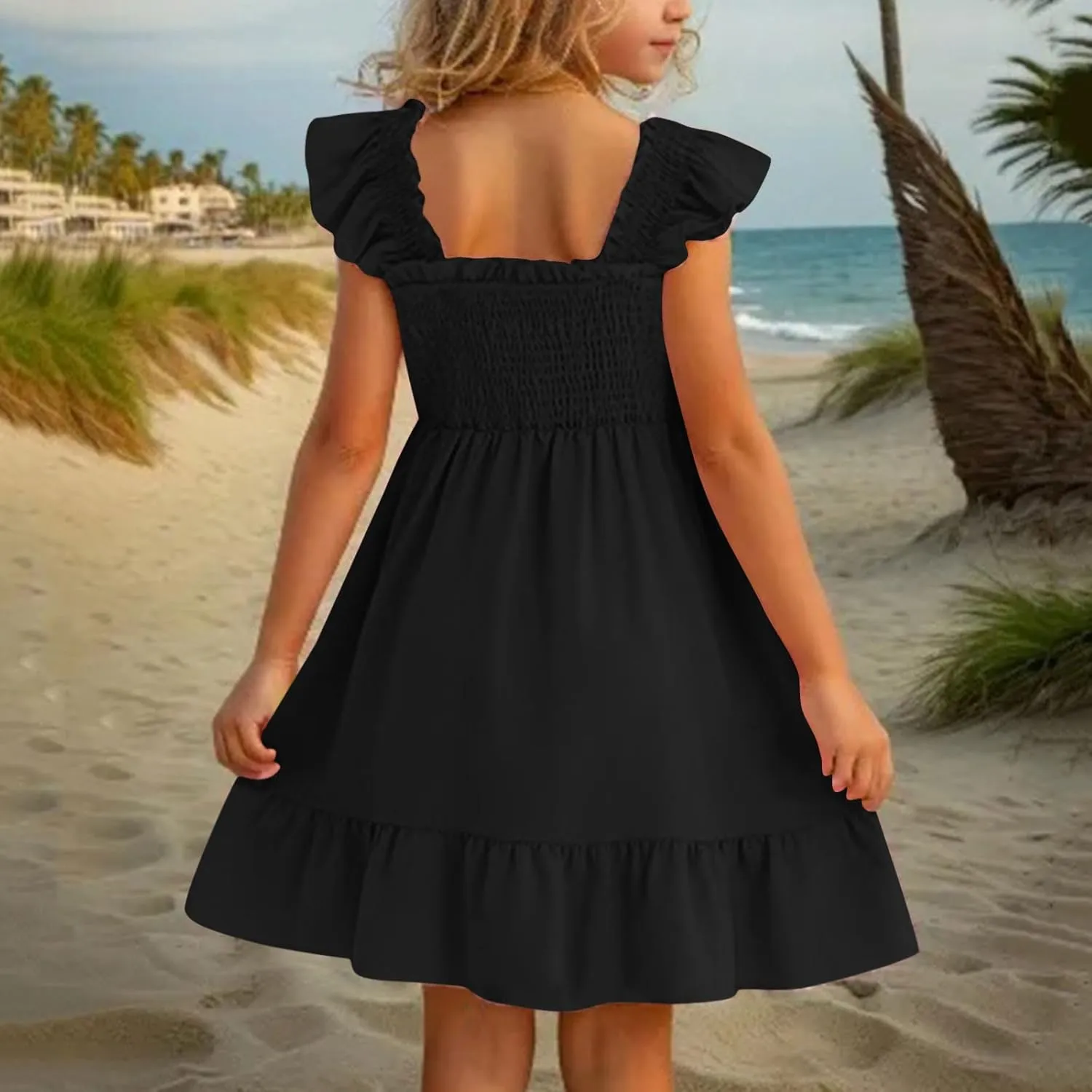 Little Girls Summer Smocked Dresses Cute Teen Ruffle Sleeveless Holiday Sundress 3-14 Years