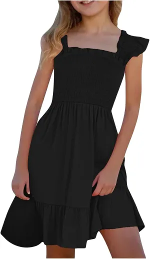 Little Girls Summer Smocked Dresses Cute Teen Ruffle Sleeveless Holiday Sundress 3-14 Years