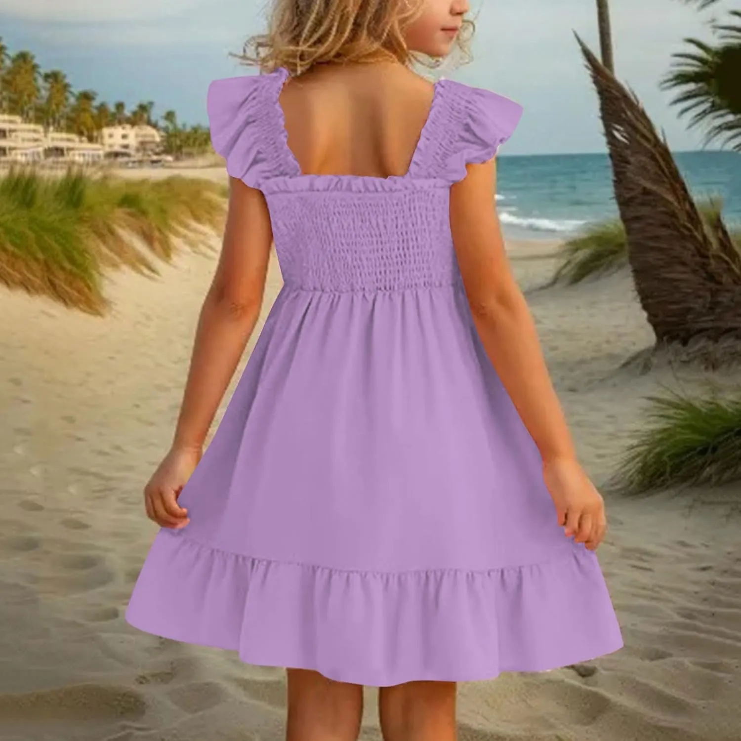 Little Girls Summer Smocked Dresses Cute Teen Ruffle Sleeveless Holiday Sundress 3-14 Years