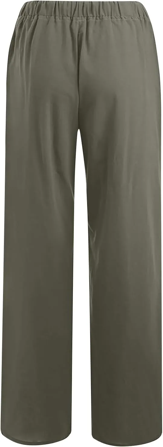 Lmdudan Summer Cotton Linen Palazzo Pants for Women Wide Leg Drawstring Waist Pants Casual Loose Work Trousers with Pockets