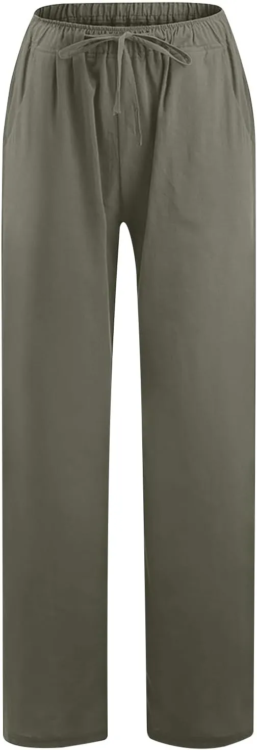 Lmdudan Summer Cotton Linen Palazzo Pants for Women Wide Leg Drawstring Waist Pants Casual Loose Work Trousers with Pockets