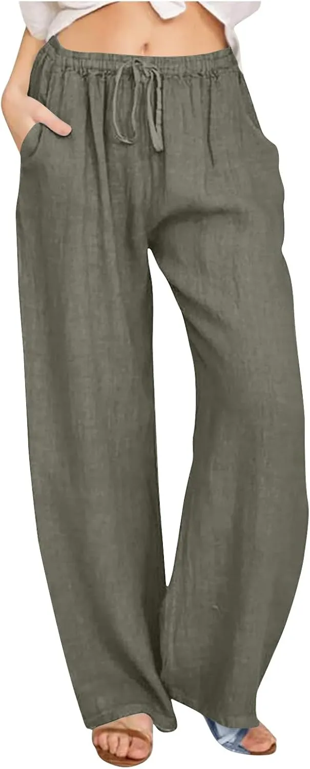 Lmdudan Summer Cotton Linen Palazzo Pants for Women Wide Leg Drawstring Waist Pants Casual Loose Work Trousers with Pockets