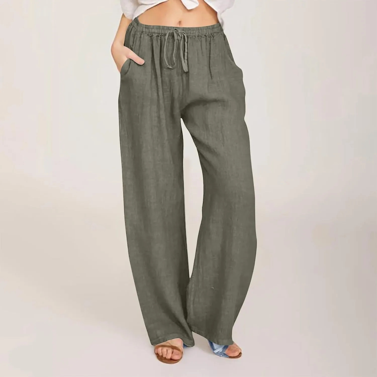 Lmdudan Summer Cotton Linen Palazzo Pants for Women Wide Leg Drawstring Waist Pants Casual Loose Work Trousers with Pockets