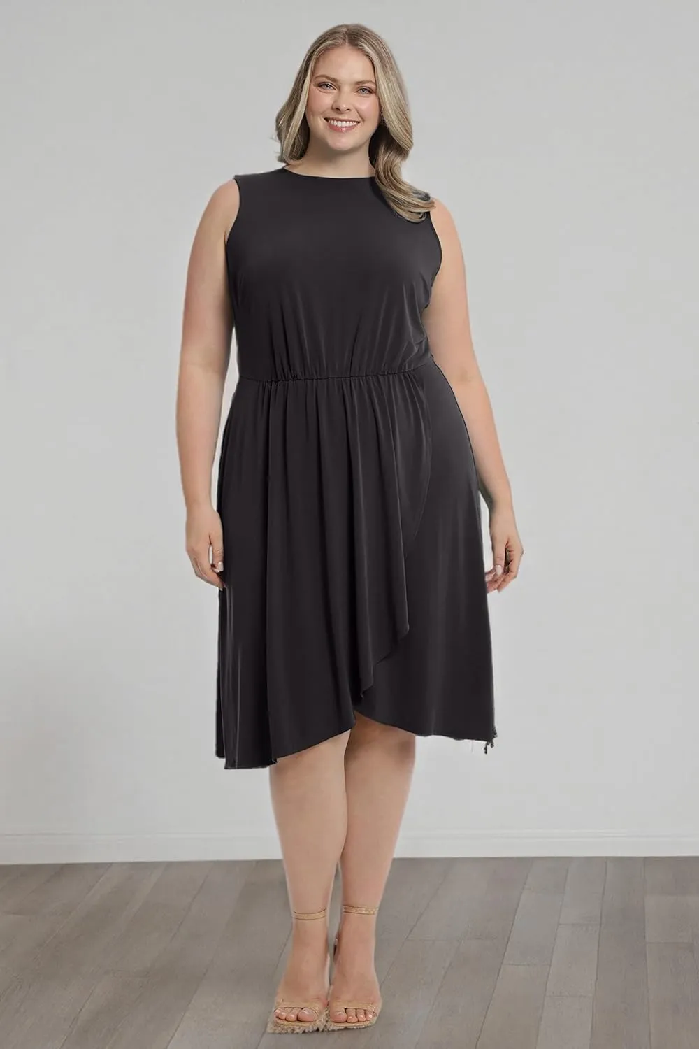 London Times Women's Sleeveless Jewel Neck Asymmetric Hem Midi Casual Summer Fun Vacation