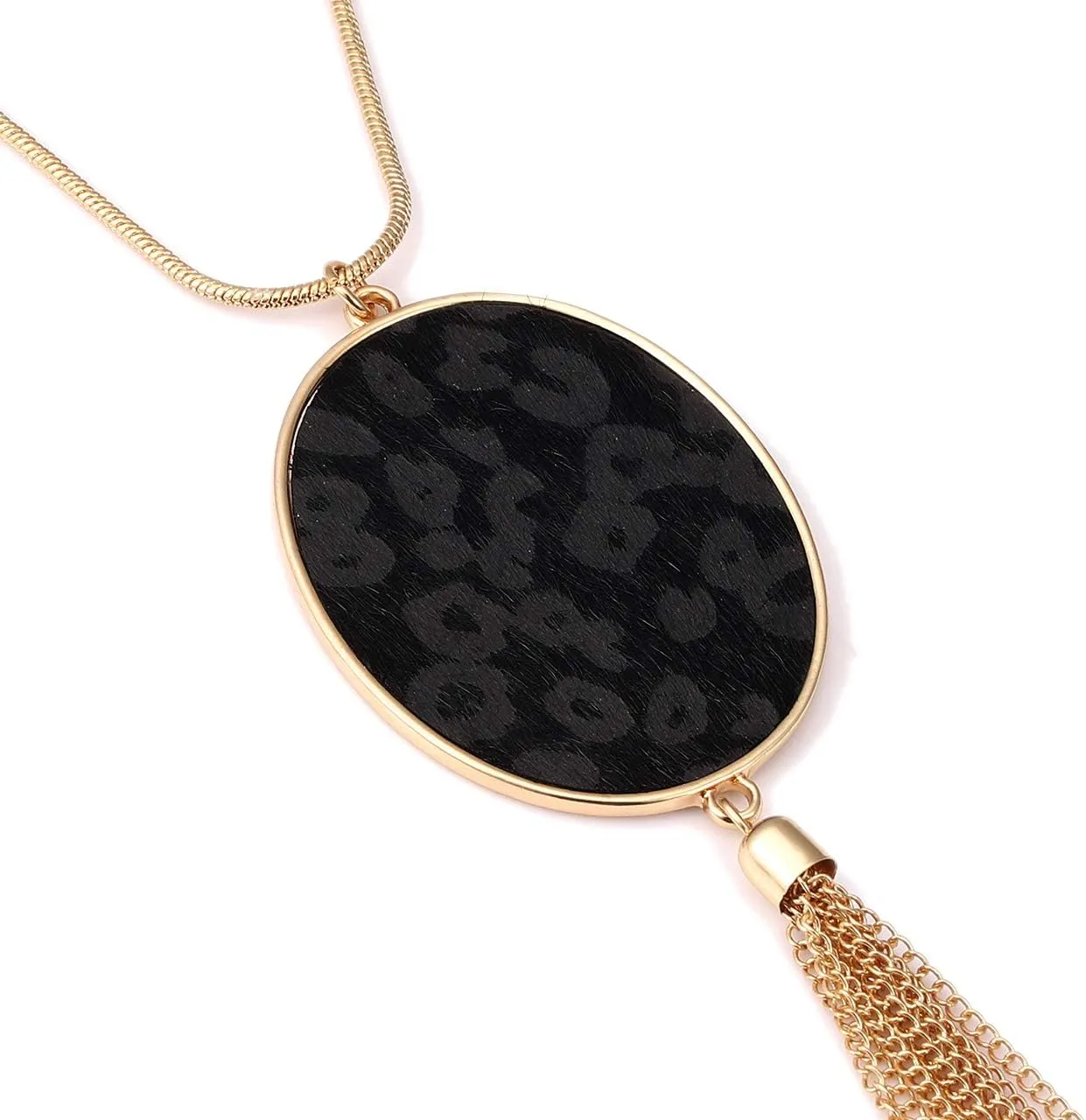 Long Necklaces for Women Statement Leopard Snakeskin Fur Pattern Necklace Oval Leather Pendant Necklaces Jewelry