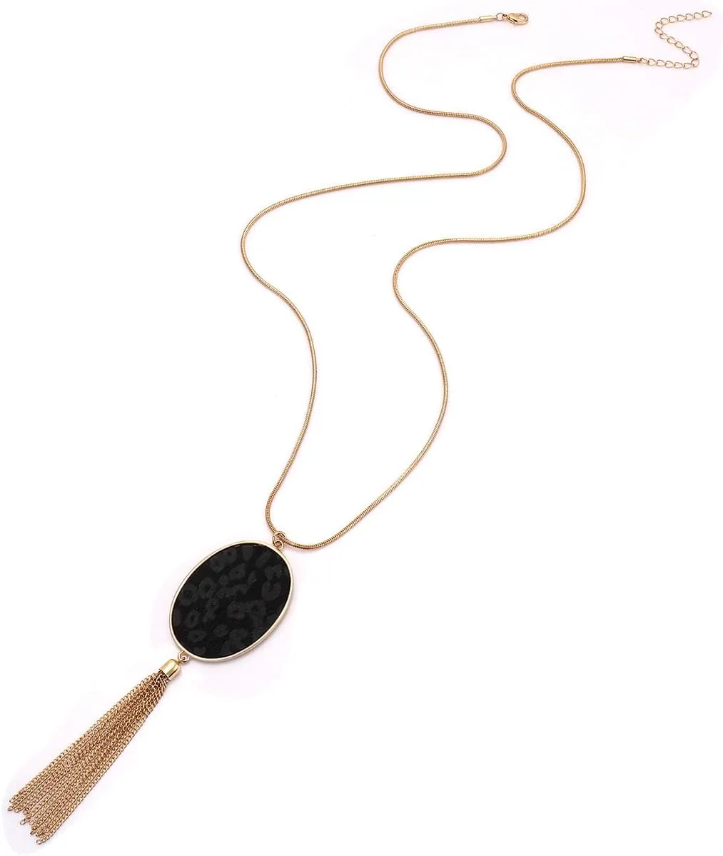 Long Necklaces for Women Statement Leopard Snakeskin Fur Pattern Necklace Oval Leather Pendant Necklaces Jewelry