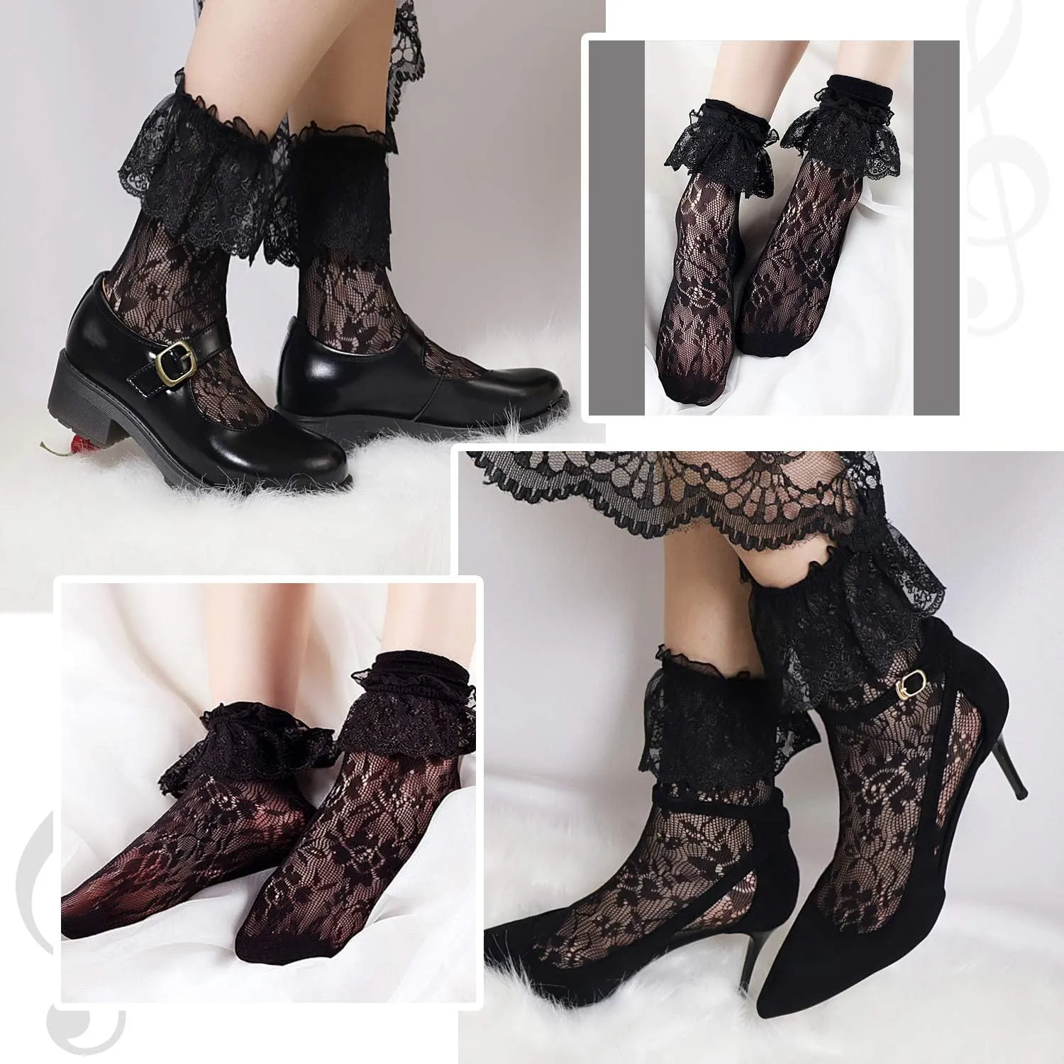 Lovful Women's Lace Anklet Sock with Ruffle, 2 Pairs Set
