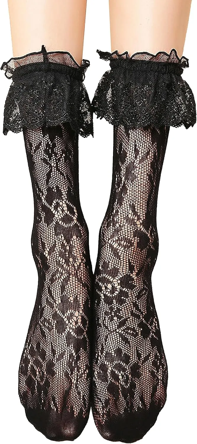 Lovful Women's Lace Anklet Sock with Ruffle, 2 Pairs Set