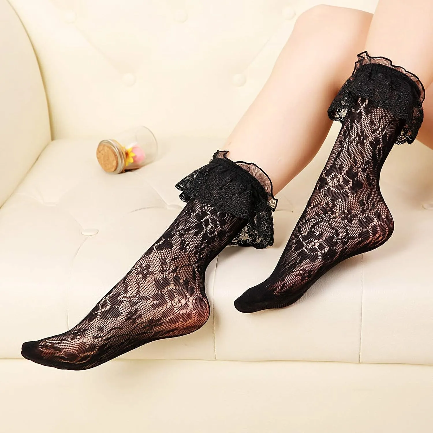 Lovful Women's Lace Anklet Sock with Ruffle, 2 Pairs Set