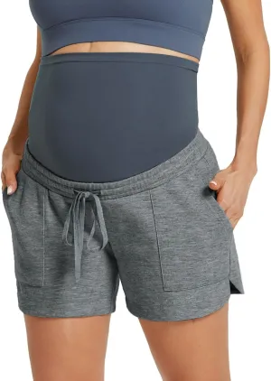 Maacie Maternity Sweat Shorts 2025 High Waist Shorts Lounge Casual Curved Slit Shorts with Pockets