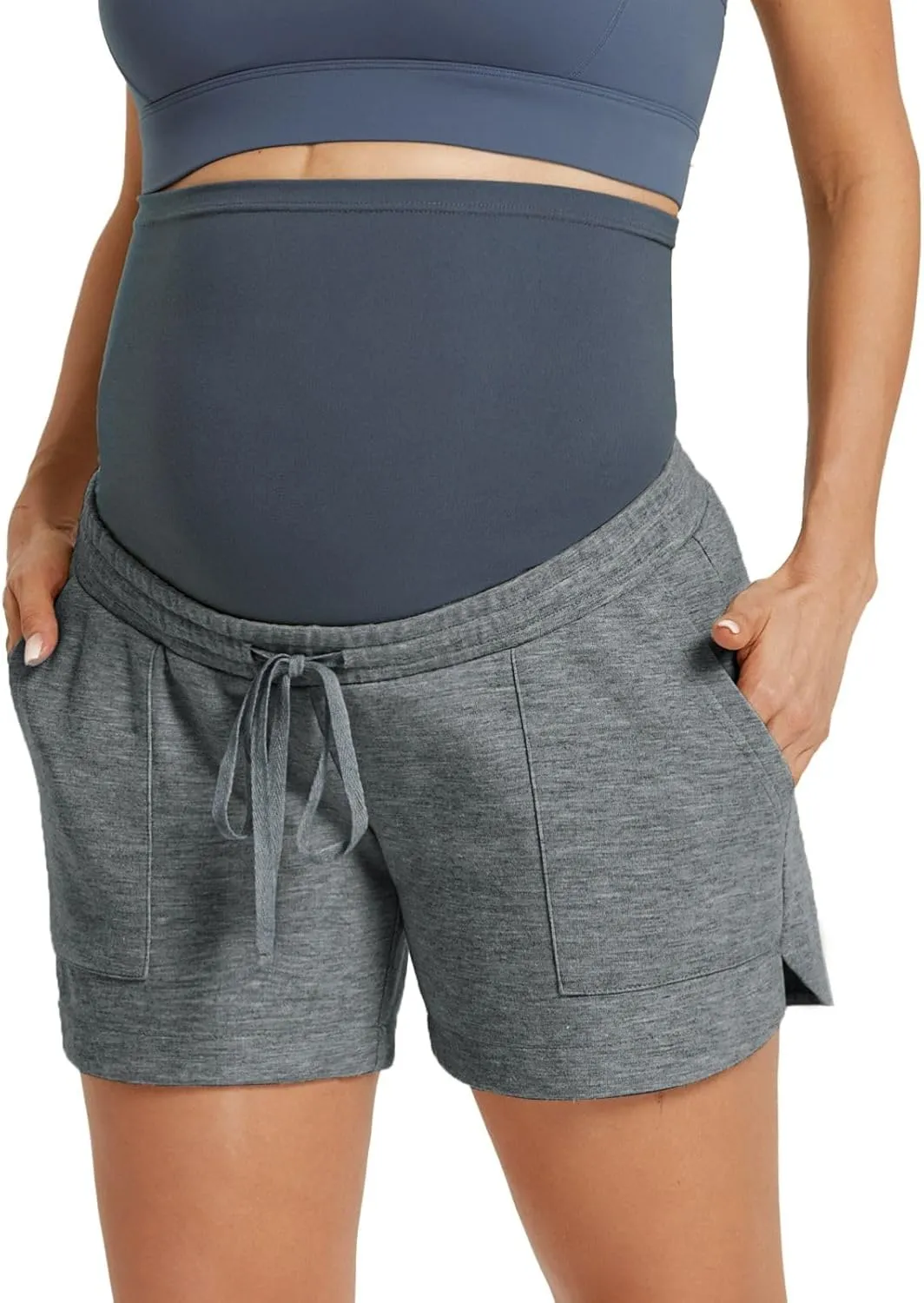 Maacie Maternity Sweat Shorts 2025 High Waist Shorts Lounge Casual Curved Slit Shorts with Pockets