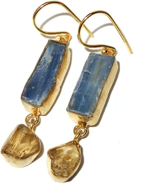 Made In 22k Gold Plated Rough Kyanite And Citrine Gemstone Dangle Earrings