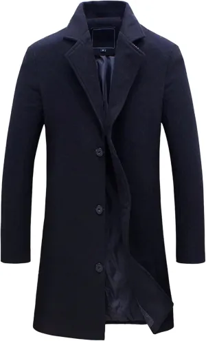 Maiyifu-GJ Men's Full Length Wool Blend Coat Single Breasted Quilted Lined Trench Overcoat Winter Windproof Business Jacket