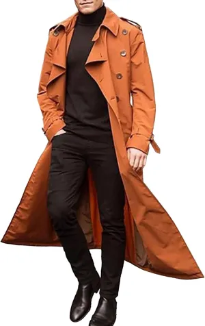 Maiyifu-GJ Men's Mid-Length Trench Coat Slim Fit Double Breasted Long Overcoat Autumn Winter Lapel Windbreaker Jacket