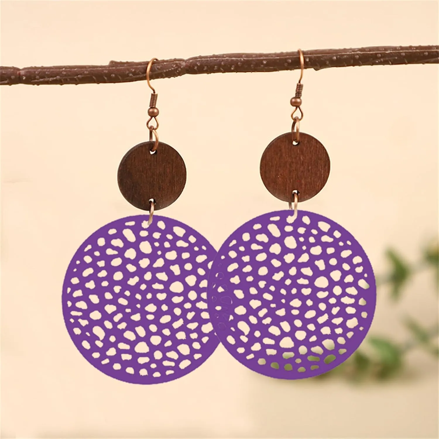 MALOYANVE Boho Wooden Earrings for Women Bohemian African Round Geometric Wood Earrings Vintage Hollow Out Circle Earrings Handmade Lightweight Dangle Drop Statement Wooden Earrings Jewelry Gifts