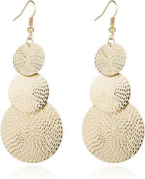 MALOYANVE Carved Round Earrings for Women Lightweight Bohemia Geometric 14K Gold Round Disc Triple Long Earrings Dangle Drop Filigree Carved Statement Earring