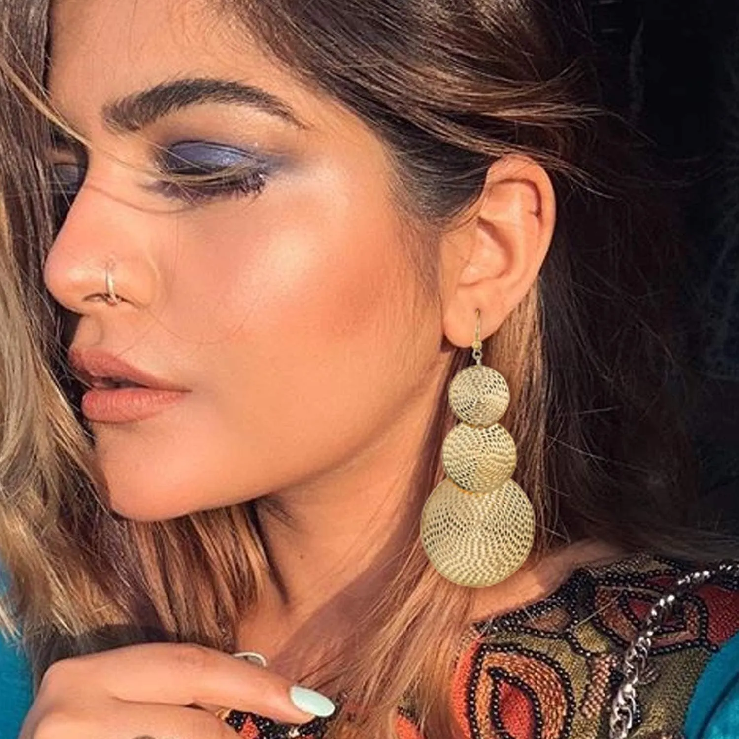 MALOYANVE Carved Round Earrings for Women Lightweight Bohemia Geometric 14K Gold Round Disc Triple Long Earrings Dangle Drop Filigree Carved Statement Earring