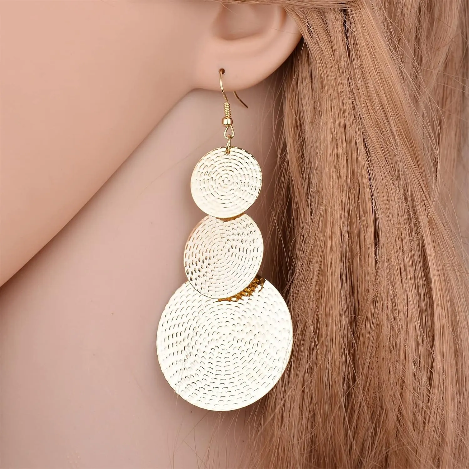 MALOYANVE Carved Round Earrings for Women Lightweight Bohemia Geometric 14K Gold Round Disc Triple Long Earrings Dangle Drop Filigree Carved Statement Earring