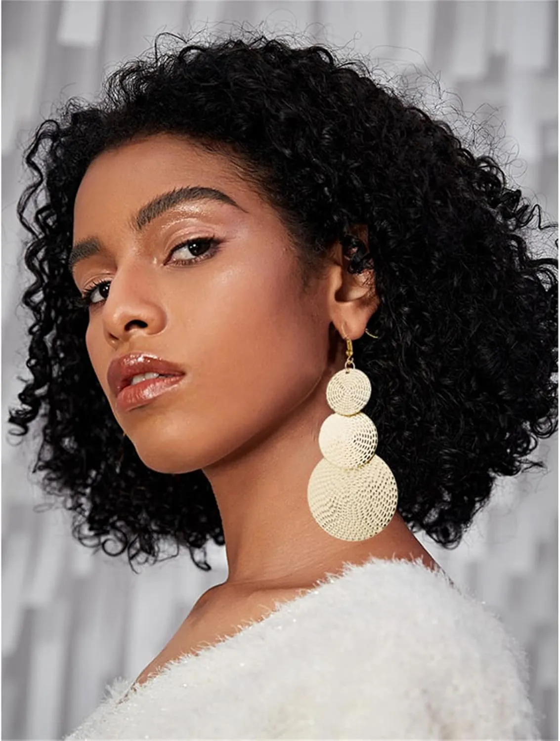 MALOYANVE Carved Round Earrings for Women Lightweight Bohemia Geometric 14K Gold Round Disc Triple Long Earrings Dangle Drop Filigree Carved Statement Earring
