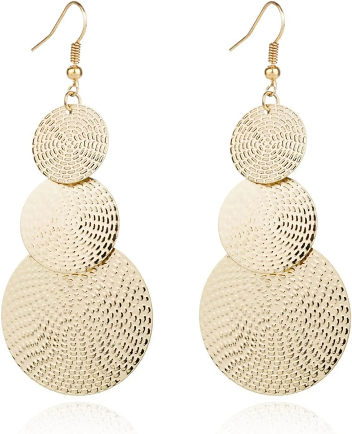 MALOYANVE Carved Round Earrings for Women Lightweight Bohemia Geometric 14K Gold Round Disc Triple Long Earrings Dangle Drop Filigree Carved Statement Earring