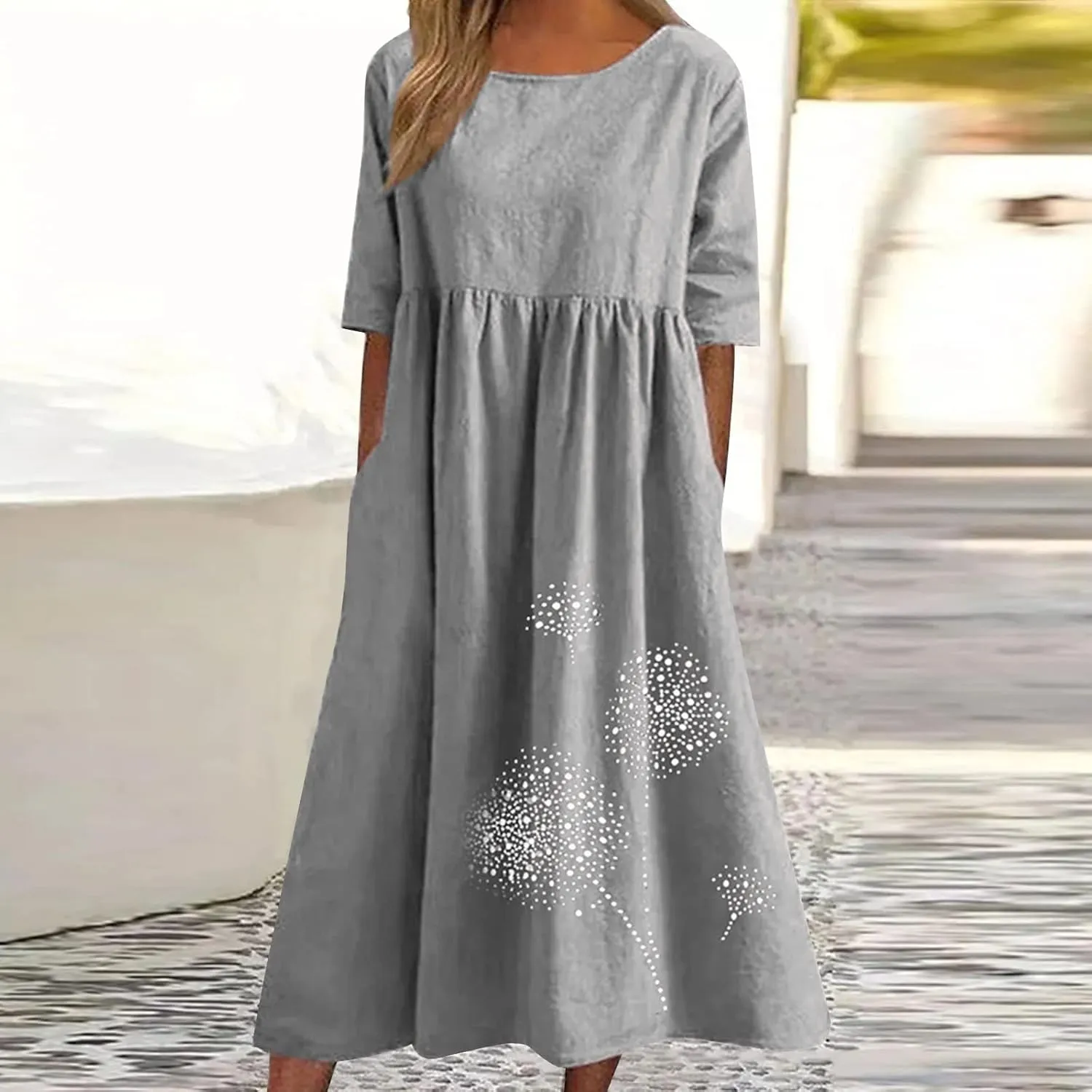 Maxi Dresses for Women 2025 Vacation Boho Dandelion Print Cotton Linen Dress Summer Beach Short Sleeve Shirt Sundress