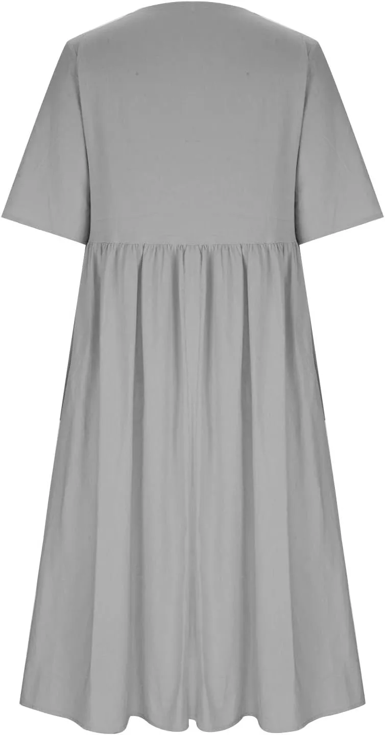 Maxi Dresses for Women 2025 Vacation Boho Dandelion Print Cotton Linen Dress Summer Beach Short Sleeve Shirt Sundress