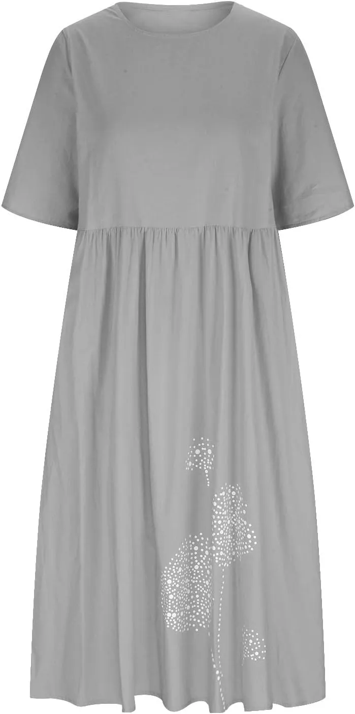 Maxi Dresses for Women 2025 Vacation Boho Dandelion Print Cotton Linen Dress Summer Beach Short Sleeve Shirt Sundress