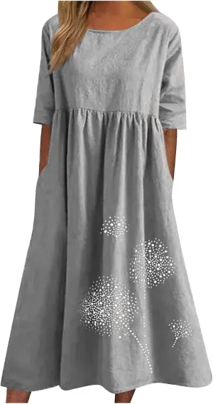 Maxi Dresses for Women 2025 Vacation Boho Dandelion Print Cotton Linen Dress Summer Beach Short Sleeve Shirt Sundress