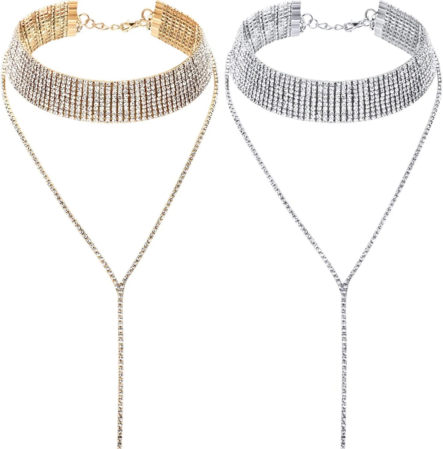 meekoo 2 Pieces Rhinestone Tassel Choker Necklace Multilayer Wide Collar Necklaces Tassel Chain Necklaces for Women Favor