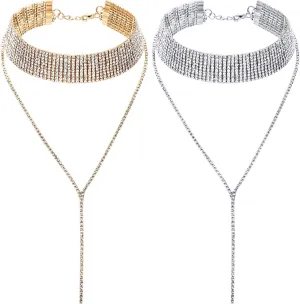 meekoo 2 Pieces Rhinestone Tassel Choker Necklace Multilayer Wide Collar Necklaces Tassel Chain Necklaces for Women Favor
