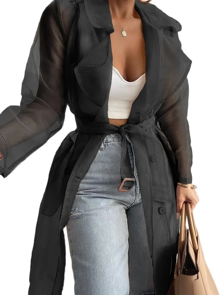 Melliflo Womens See Through Trench Coat Lapel Double Breasted Long Sleeve Sheer Mesh Cardigan Soid Color Cardigan with Belt