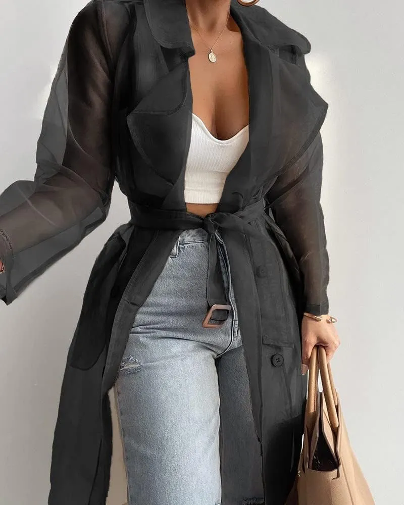 Melliflo Womens See Through Trench Coat Lapel Double Breasted Long Sleeve Sheer Mesh Cardigan Soid Color Cardigan with Belt