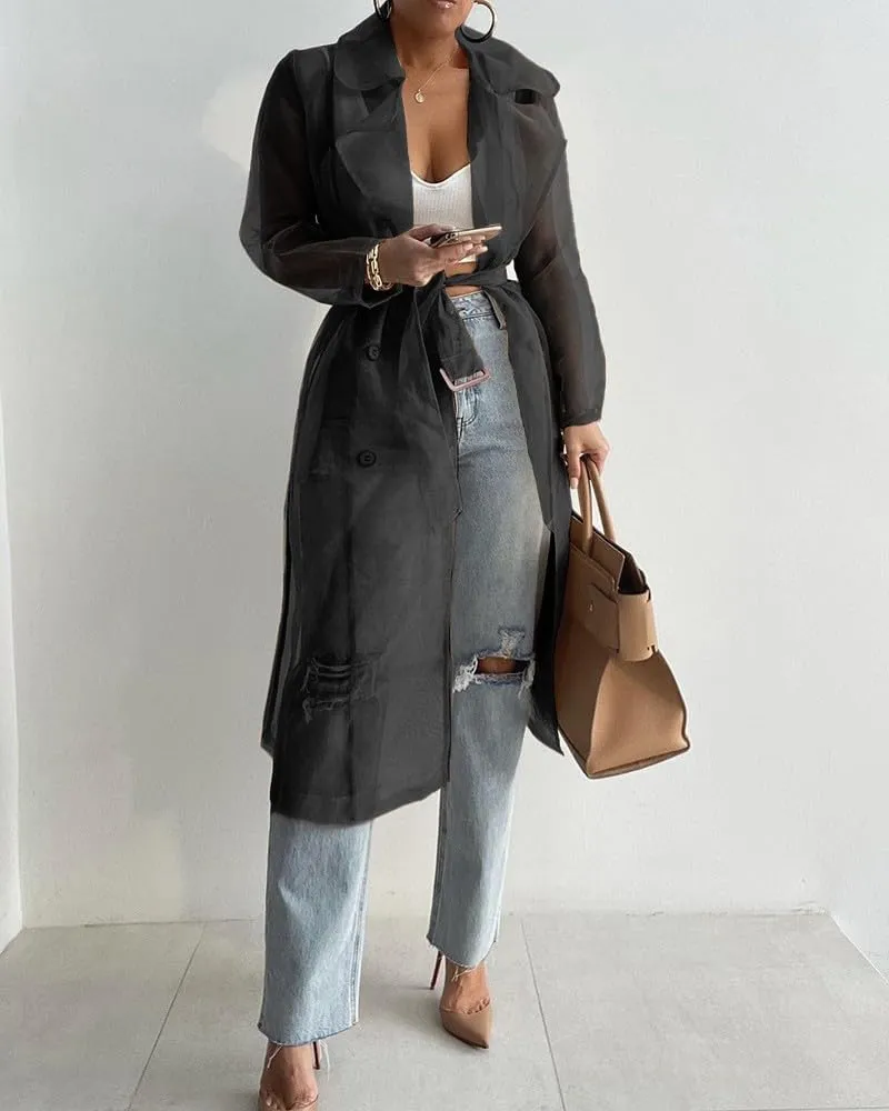Melliflo Womens See Through Trench Coat Lapel Double Breasted Long Sleeve Sheer Mesh Cardigan Soid Color Cardigan with Belt