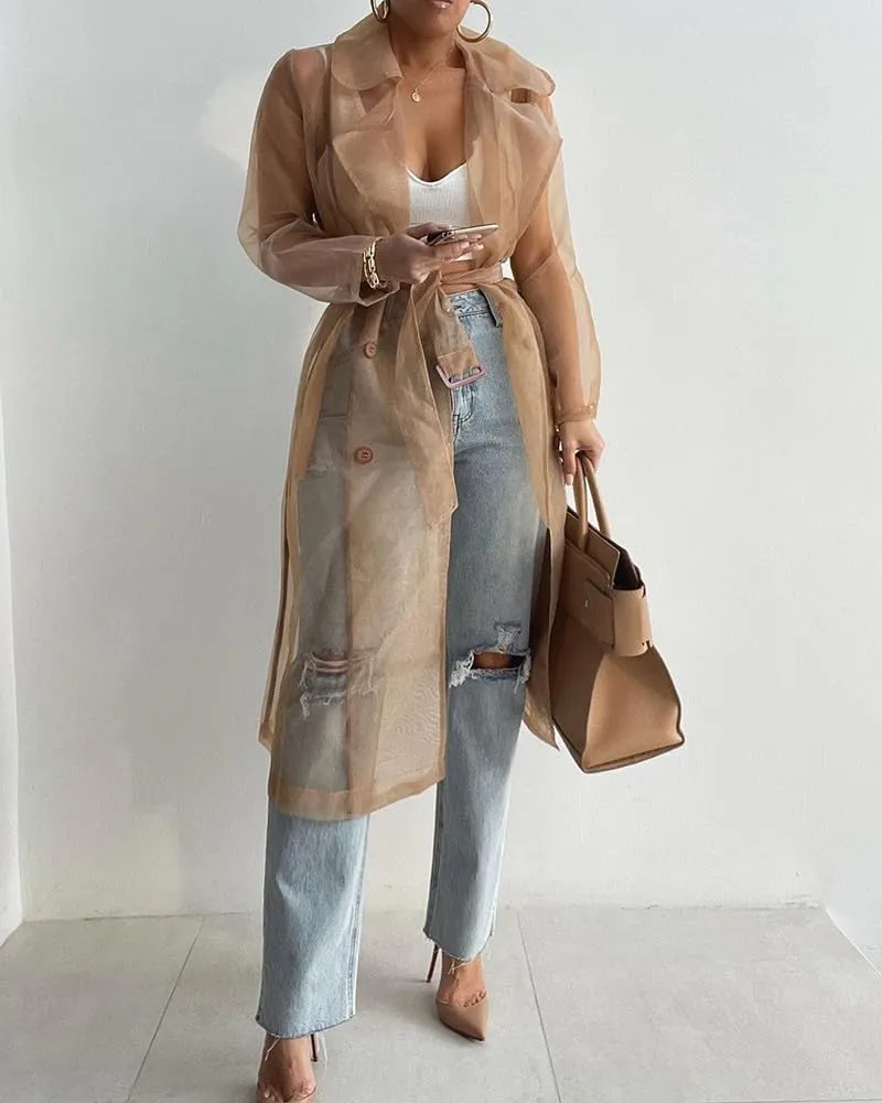 Melliflo Womens See Through Trench Coat Lapel Double Breasted Long Sleeve Sheer Mesh Cardigan Soid Color Cardigan with Belt