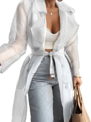 Melliflo Womens See Through Trench Coat Lapel Double Breasted Long Sleeve Sheer Mesh Cardigan Soid Color Cardigan with Belt
