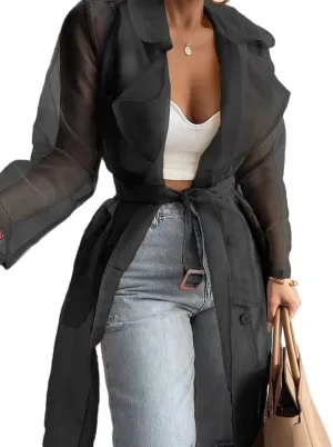 Melliflo Womens See Through Trench Coat Lapel Double Breasted Long Sleeve Sheer Mesh Cardigan Soid Color Cardigan with Belt