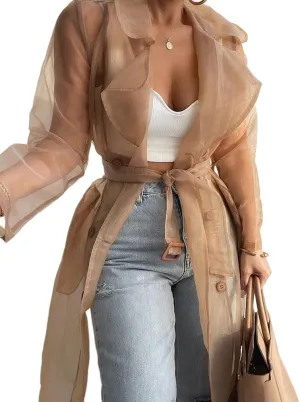 Melliflo Womens See Through Trench Coat Lapel Double Breasted Long Sleeve Sheer Mesh Cardigan Soid Color Cardigan with Belt
