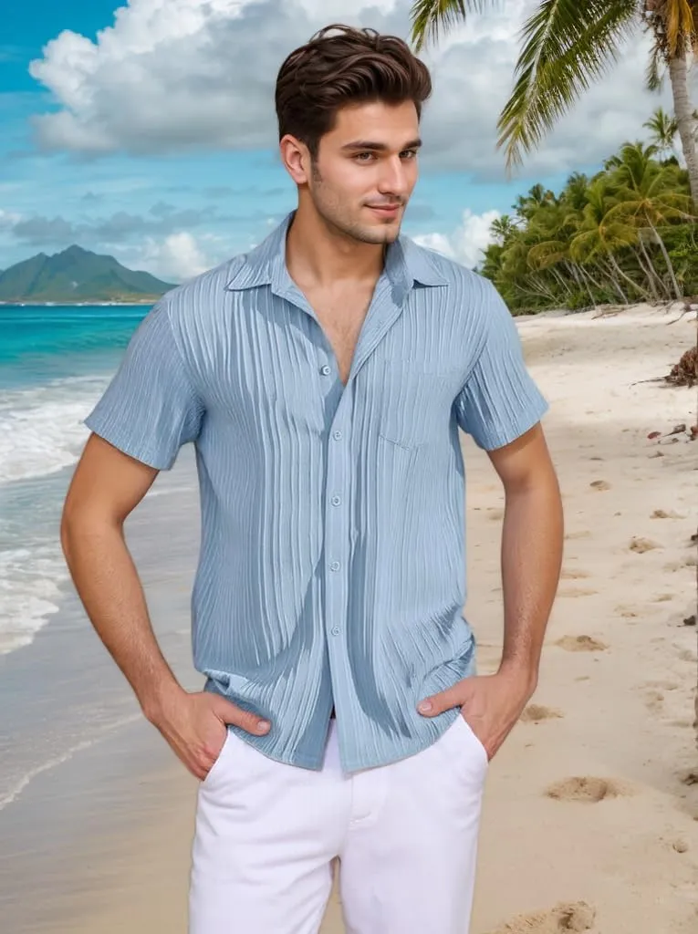 Men Casual Button Down Shirts Short Sleeve Textured Summer Beach Vacation Tops with Pocket Male Tropical Aloha Theme Tee
