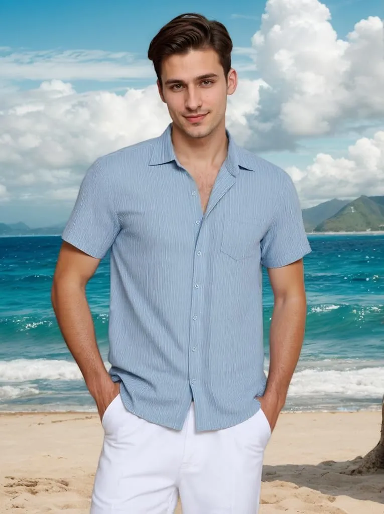 Men Casual Button Down Shirts Short Sleeve Textured Summer Beach Vacation Tops with Pocket Male Tropical Aloha Theme Tee