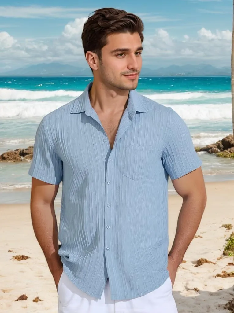 Men Casual Button Down Shirts Short Sleeve Textured Summer Beach Vacation Tops with Pocket Male Tropical Aloha Theme Tee