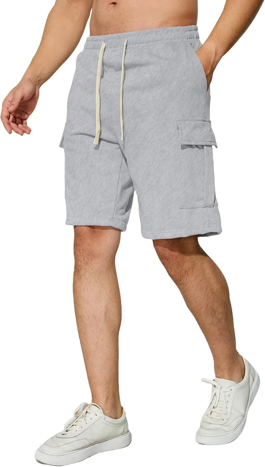 Mens Casual Cargo Shorts Cotton Elastic Waist Drawstring Sweat Shorts Gym Workout Jogger Shorts