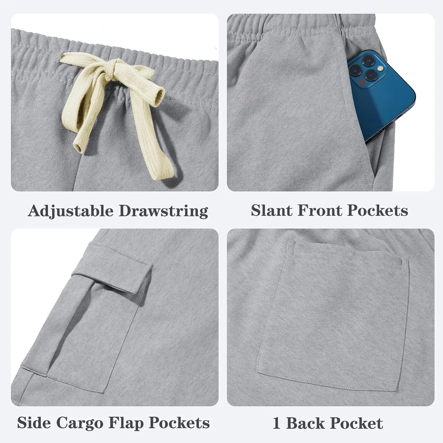 Mens Casual Cargo Shorts Cotton Elastic Waist Drawstring Sweat Shorts Gym Workout Jogger Shorts